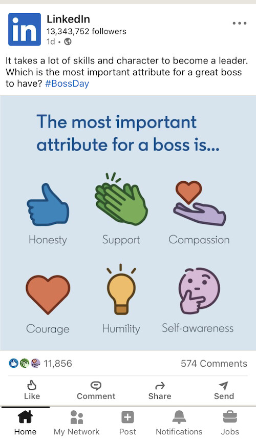 A post from LinkedIn's account posting, on LinkedIn, a poll about which are the most important attributes for a great boss to have. Voting is done via all six of LinkedIn's reaction buttons