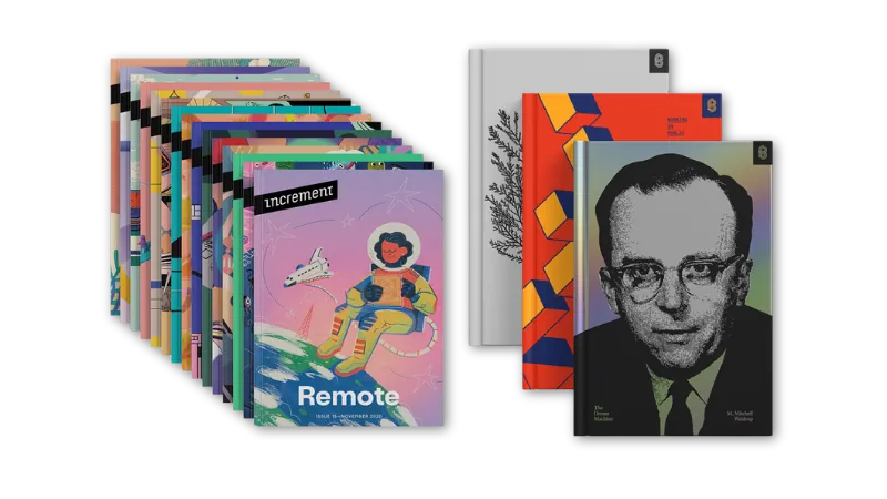 A collection of Stripe Press books and Increment magazines, with the ‘Remote’ issue in front