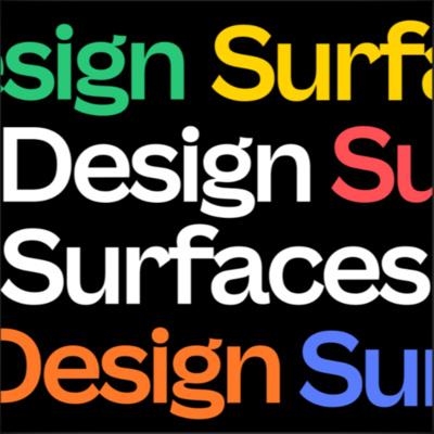 Cover art of Canva's 'Design Surfaces' podcast, featuring the words 'Design Surfaces' appearing in different colours