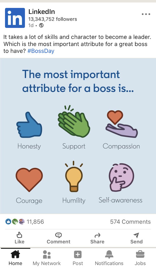 A post from LinkedIn's account posting, on LinkedIn, a poll about which are the most important attributes for a great boss to have. Voting is done via all six of LinkedIn's reaction buttons